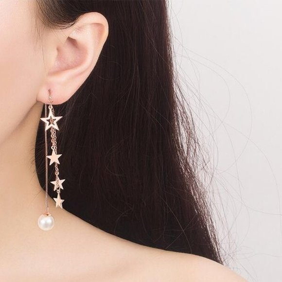 NEW 925 Sterling Silver Pearl Star Drop Earrings Q - Picture 7 of 8